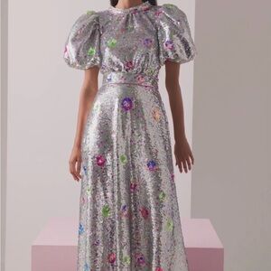 Silver Sequin Maxi Dress with Puff Sleeves and Multicolor Floral Accents